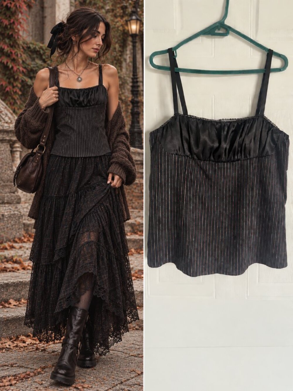 Morbid Threads Black Gray Pinstripe Cami Gathered Satin Y2K Goth XL